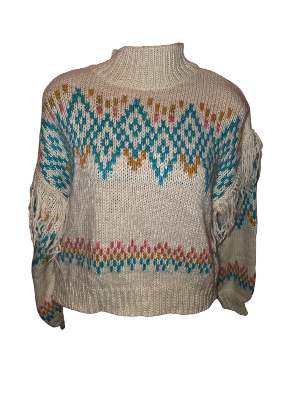 Cream Fringe Knit Sweater - Womens Rock & Roll Denim Small Long Sleeve